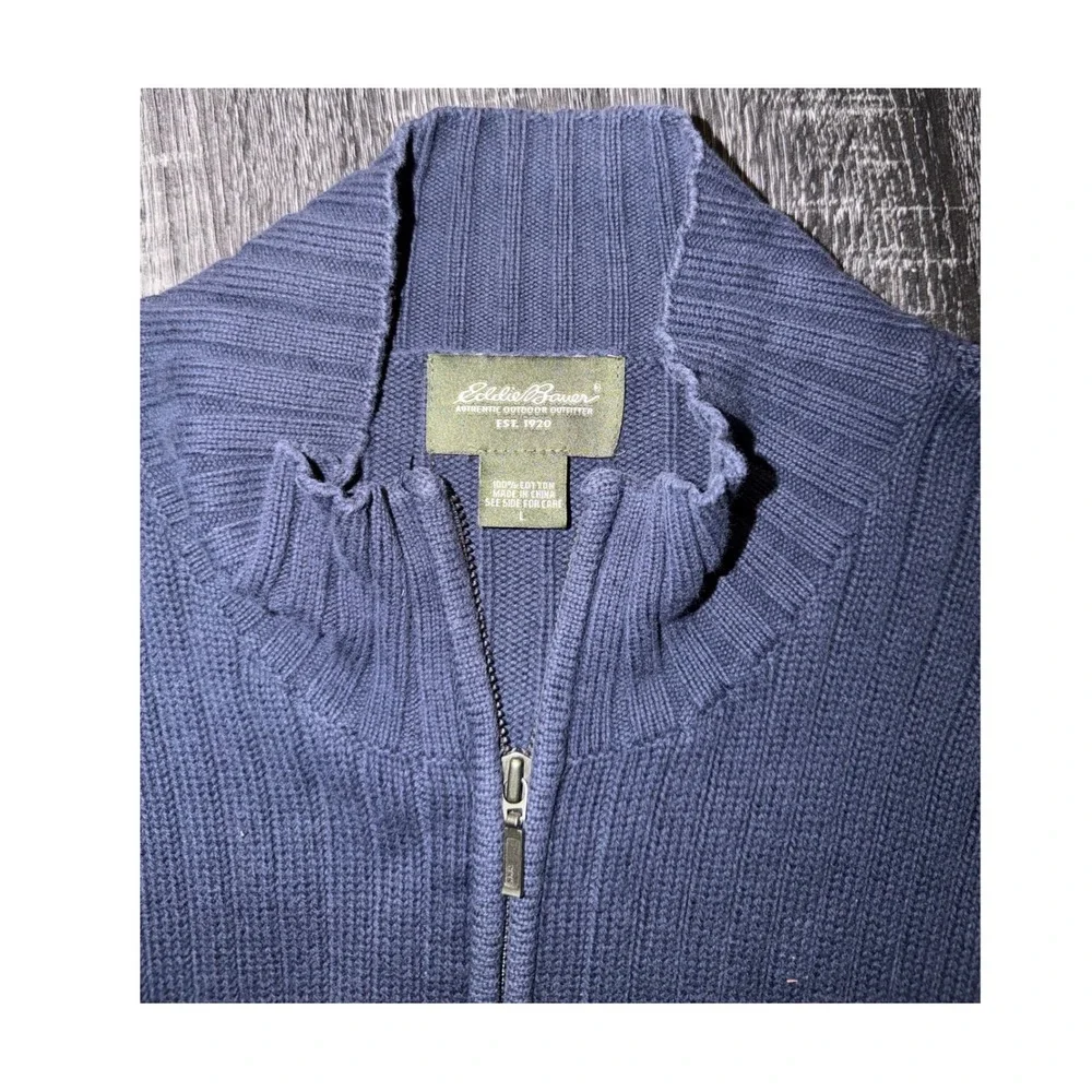 Eddie Bauer Mens Large Navy Blue 100% Cotton Ribbed Full Zip Mock Neck Sweater